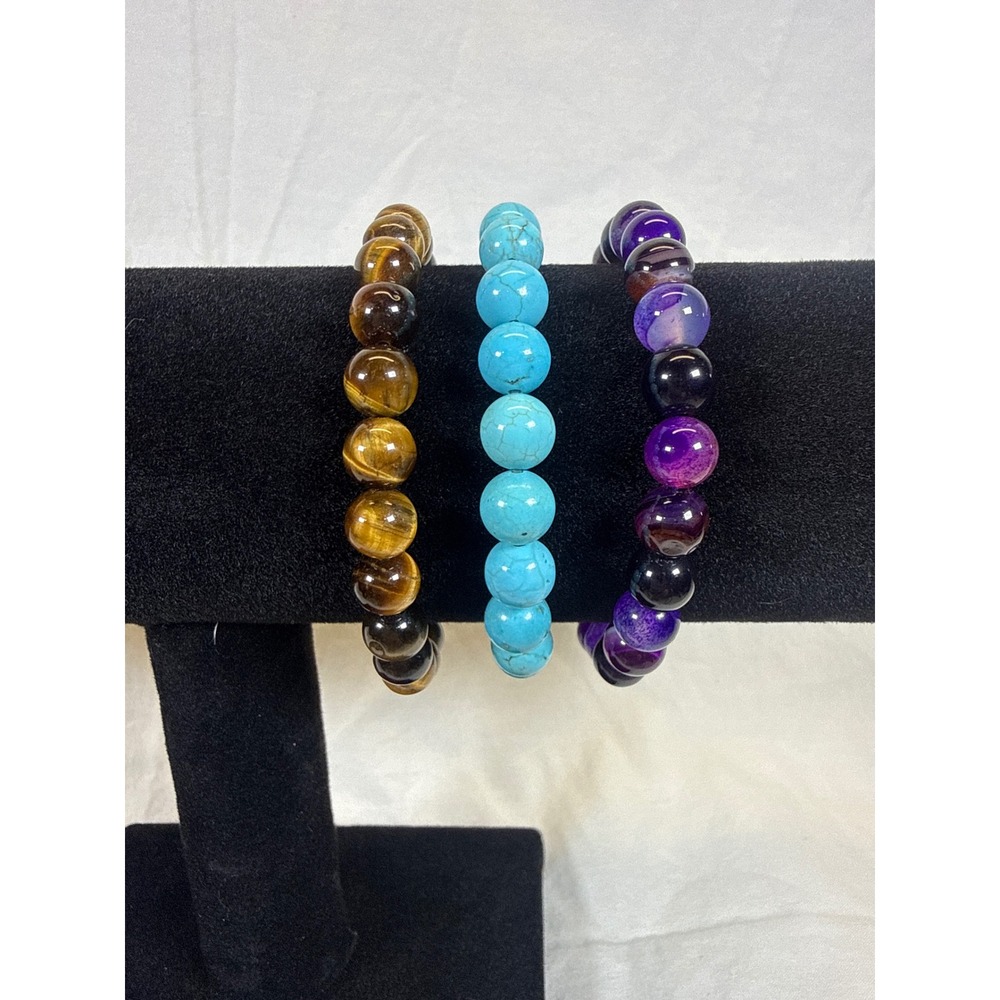 Natural Gemstone Bead Bracelet Set Tigers Eye Turquoise Purple Agate Stretch 3pc